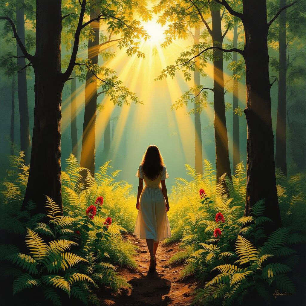 Woman in Sun-Drenched Forest, Surrealist Style