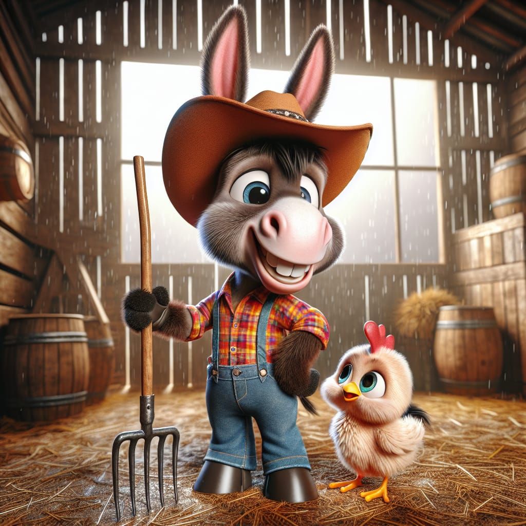 Cartoon Cowboy Donkey and Chick in Rainy Barn