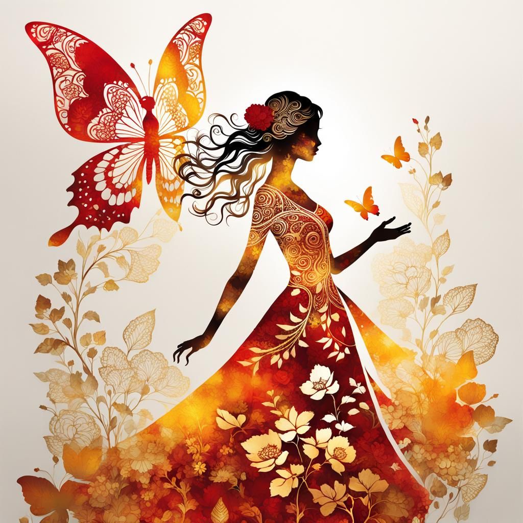 Gypsy Girl Silhouette with Butterflies in Foil Stamping Art