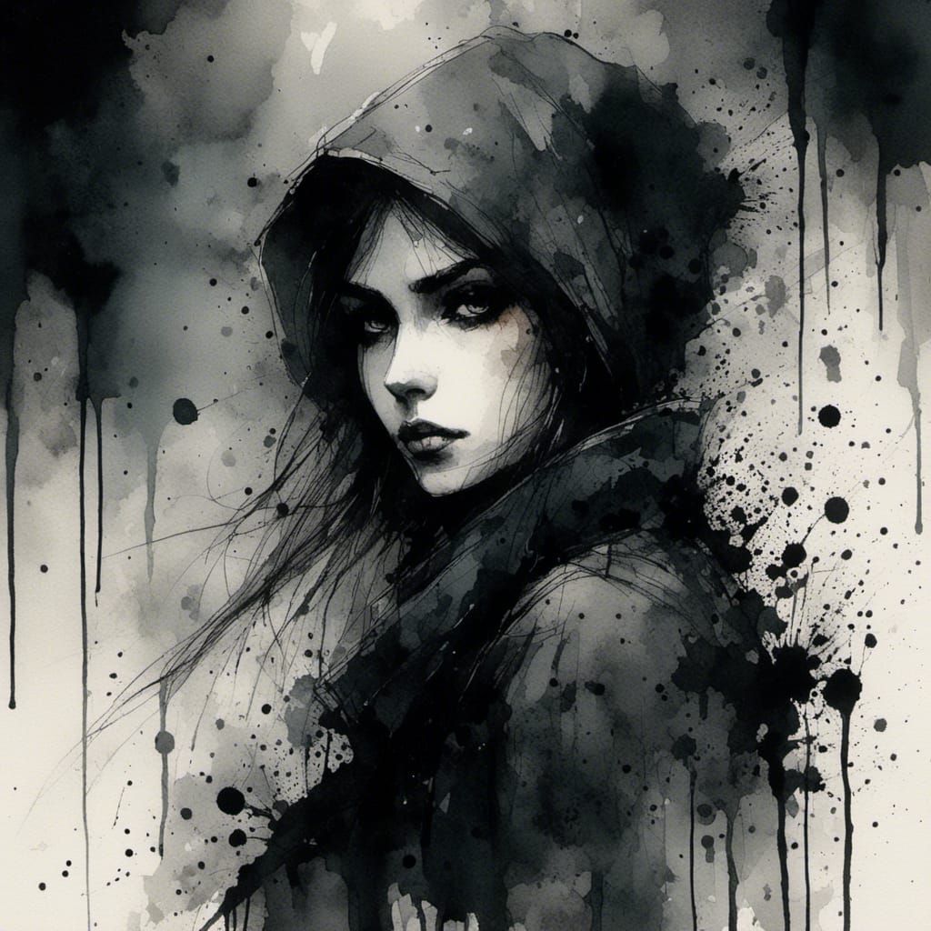 Goth Assassin with Lunarpunk Ink Splatter