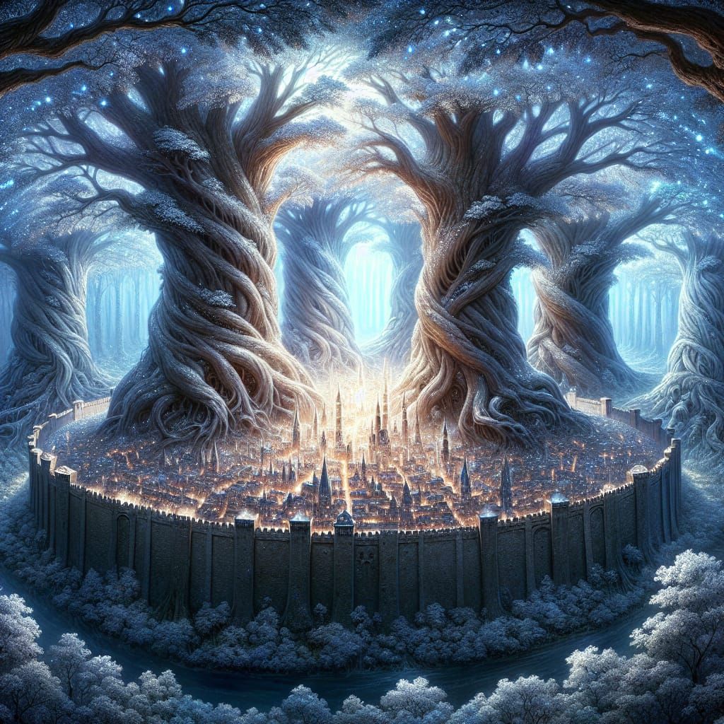 Glowing City Among Ancient Oak Guardians