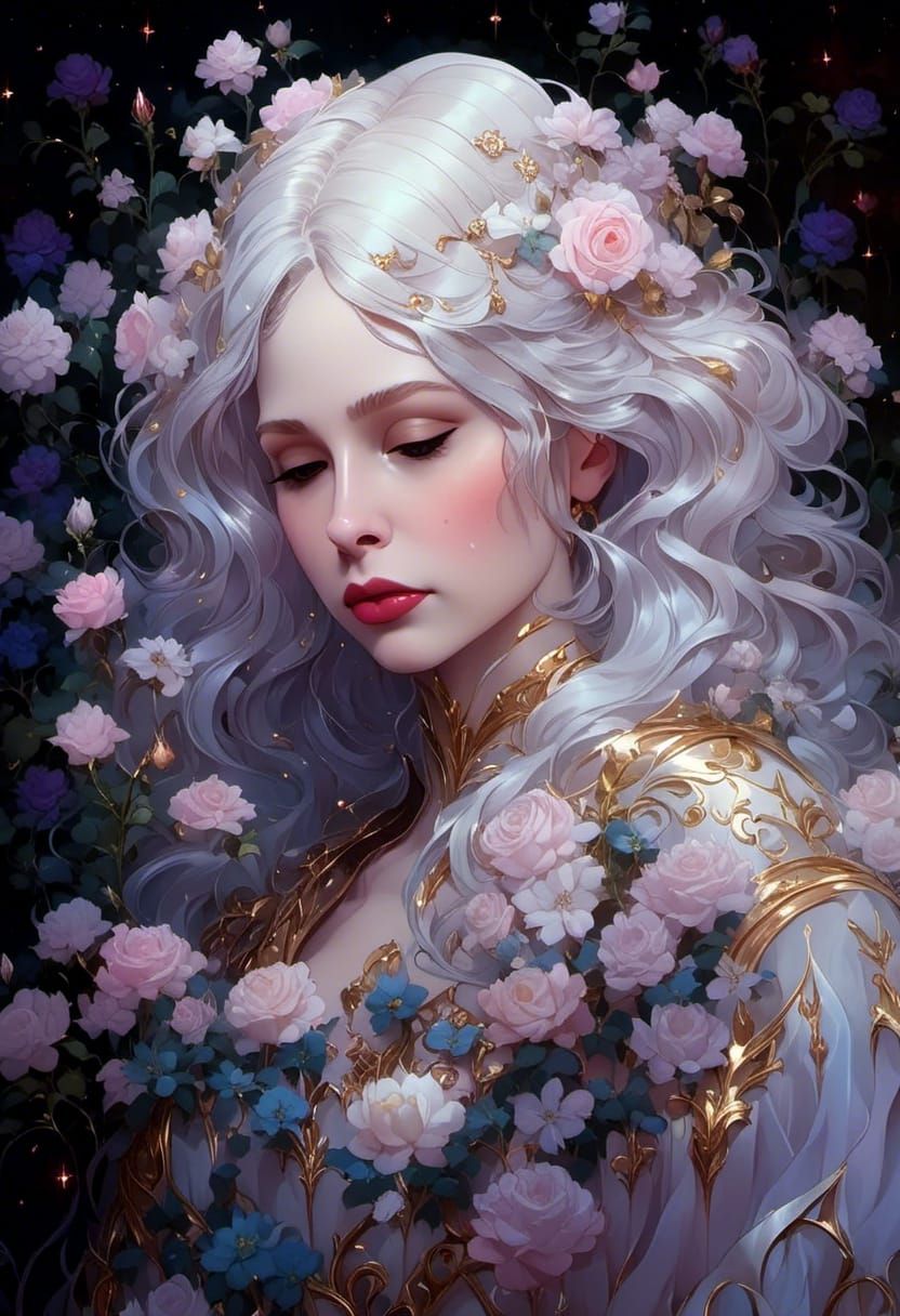 Woman Smelling Roses in Pre-Raphaelite Garden