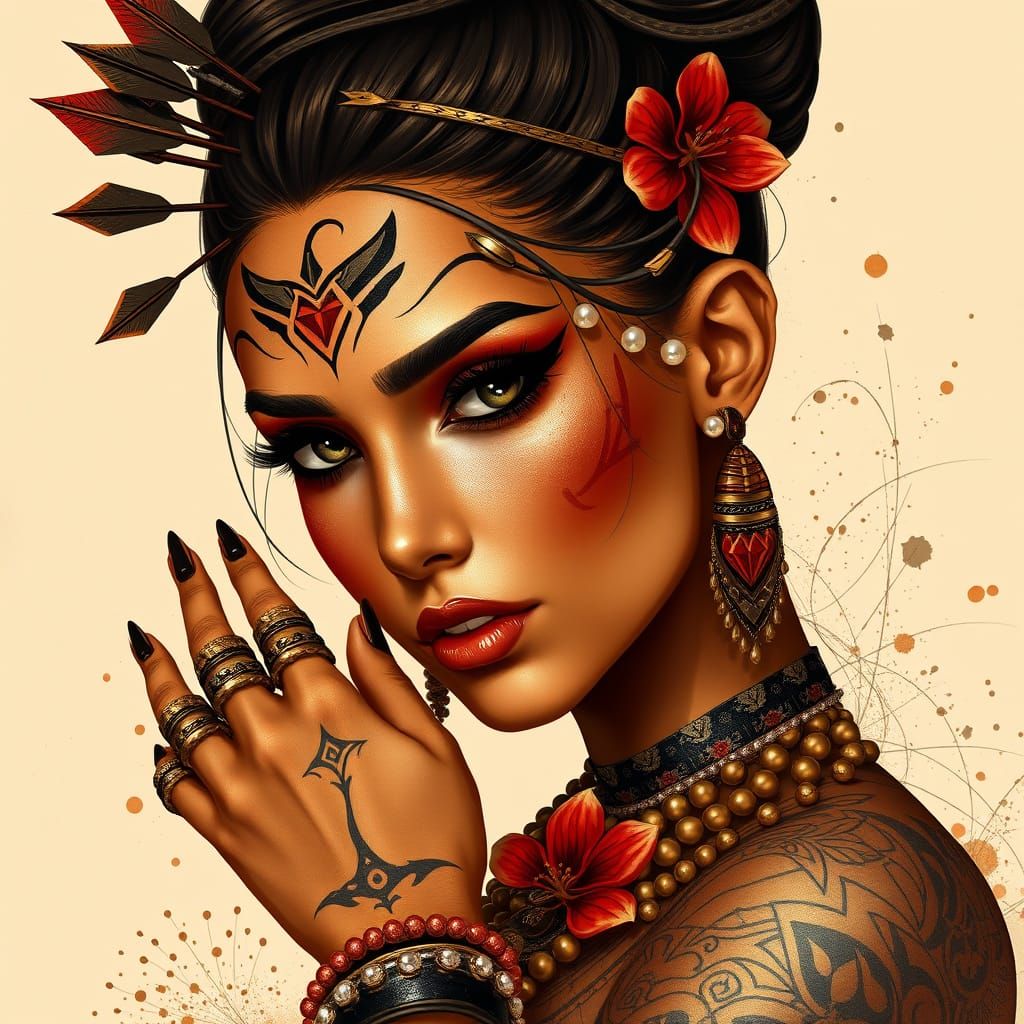 Digital Artwork of Exotic, Golden Beauty with Intricate Trib...