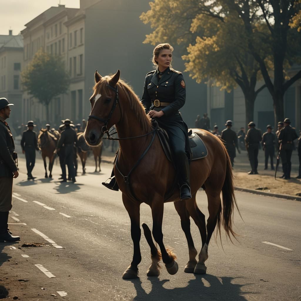 Female Officer Leading Men, Cinematic Film Still
