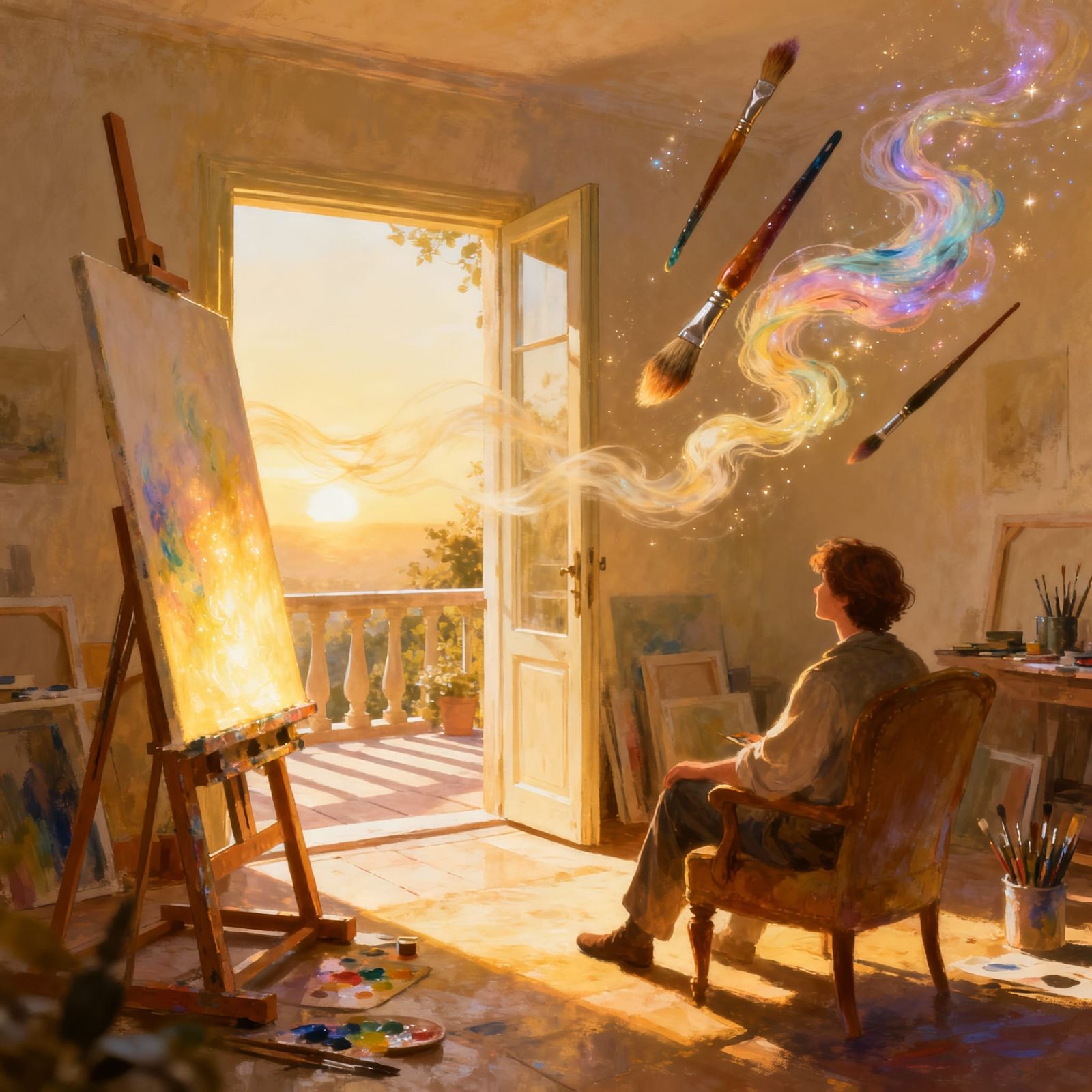 Magical Realism: Artist Gazes at Glowing Canvas in Cozy Stud...