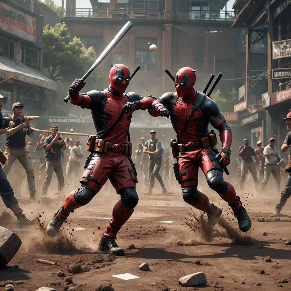 Deadpool Playing Baseball in Detailed Matte Painting