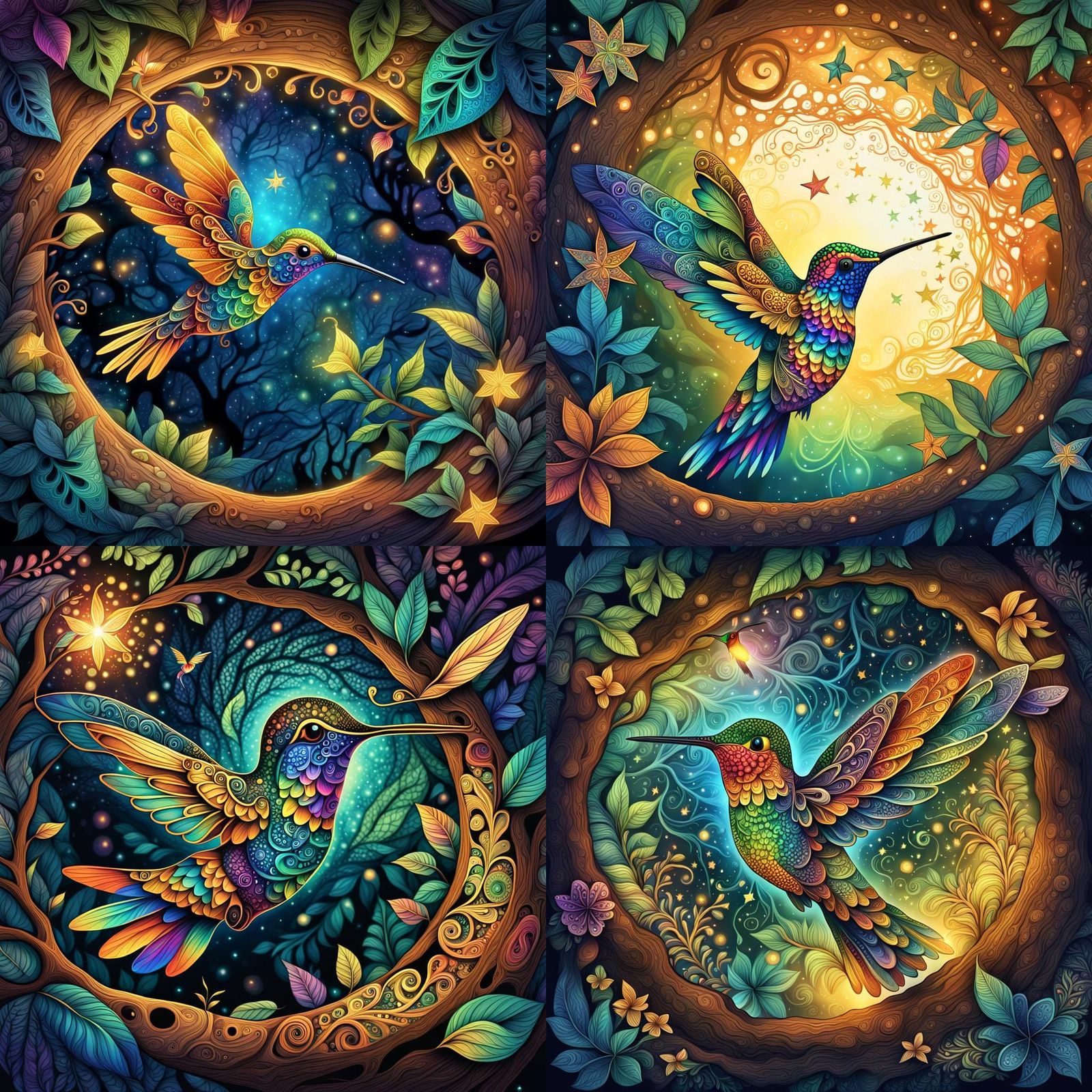 Zentangle Hummingbird in Mystical Rainforest