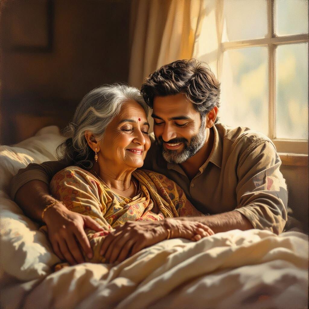 Elderly Couple's Peaceful Companionship in Sunlit Bedroom