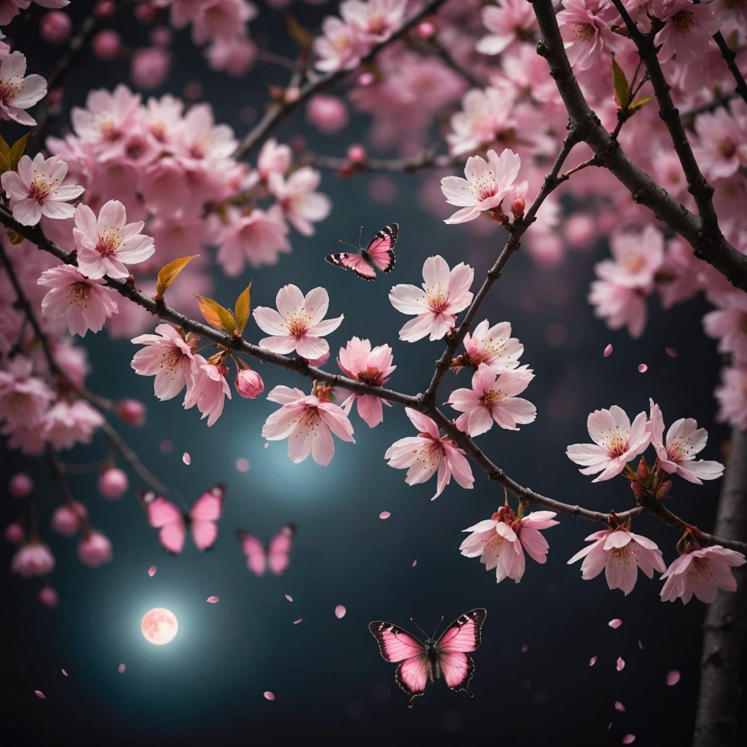 Magical Pink Cherry Blossoms Under Glowing Moon