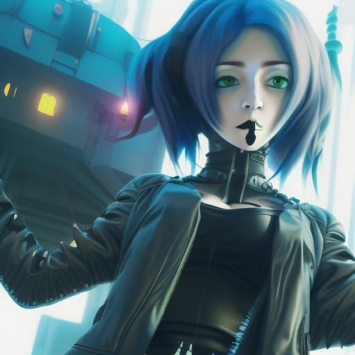 Cyberpunk Woman Battles Acid Monster in Anime Style