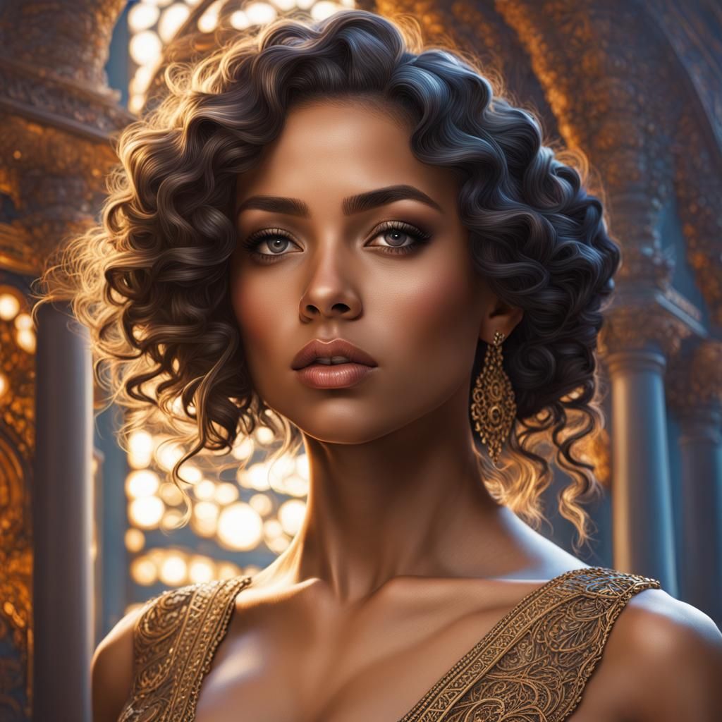 20 year old mixed race woman :: in a dress :: chiseled face :: portrait :: highly intricate and hyperdetialed matte pho...