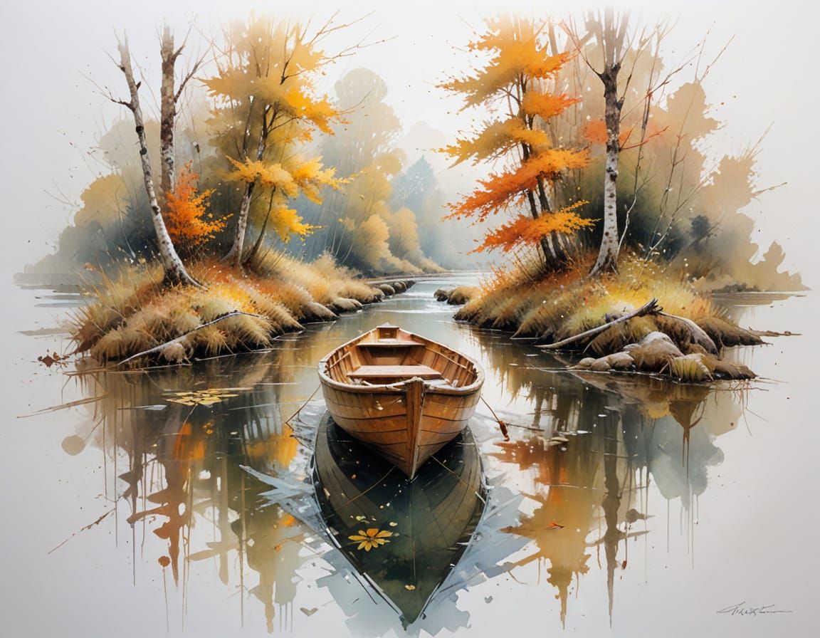 Vibrant Autumn Woodland Scene With Rowboat