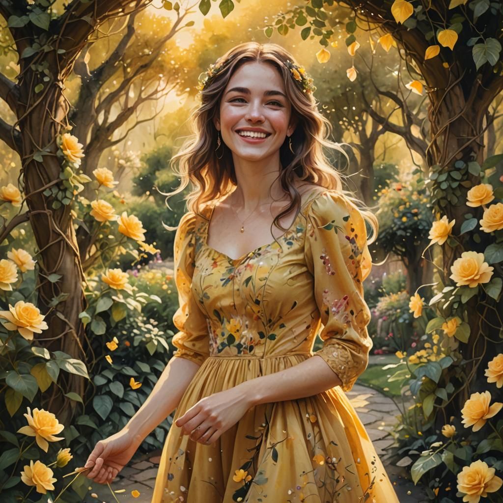 Young Woman in Garden: Dreamy Watercolor Fantasy Art