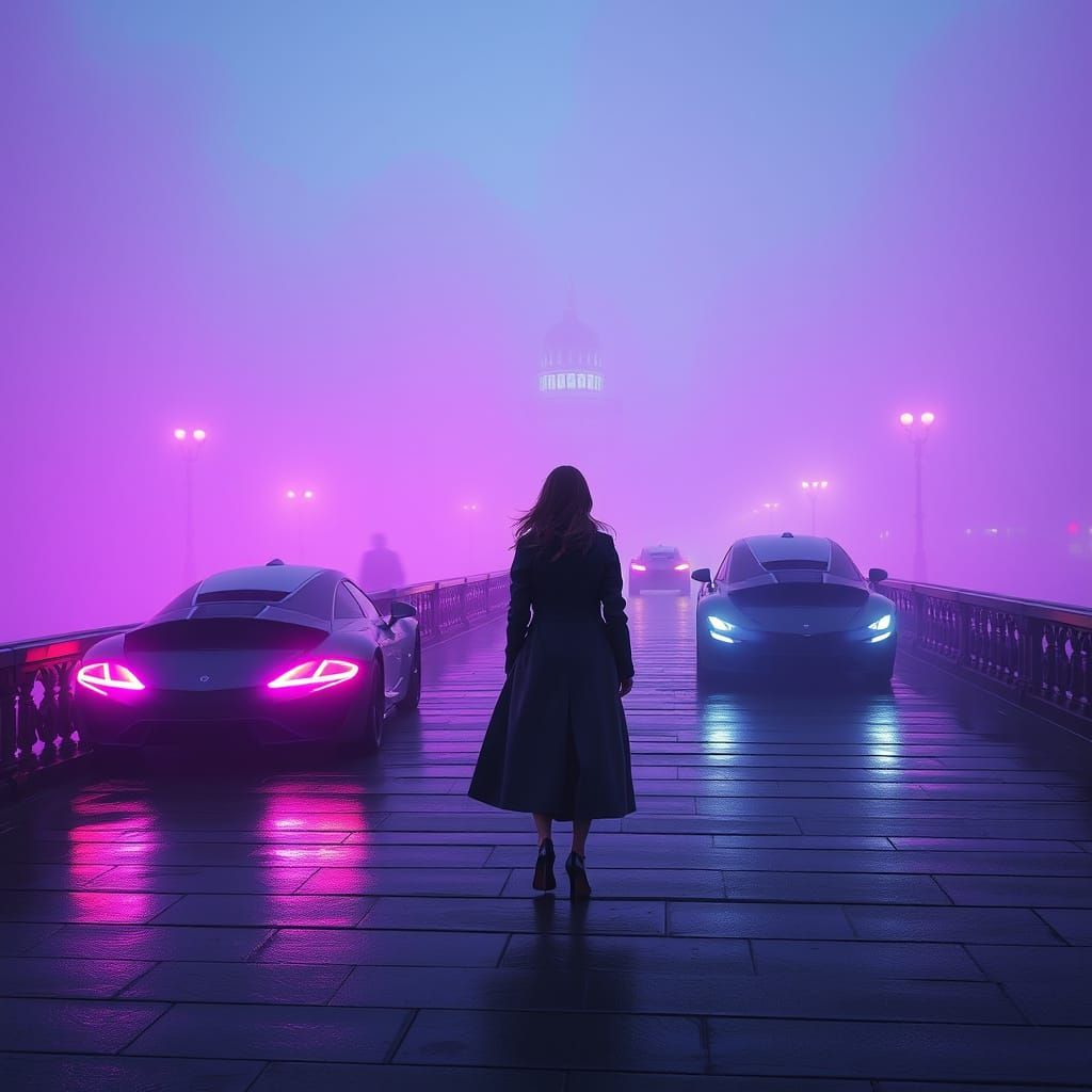 Futuristic Saint-Petersburg Palace Bridge in Purple Fog