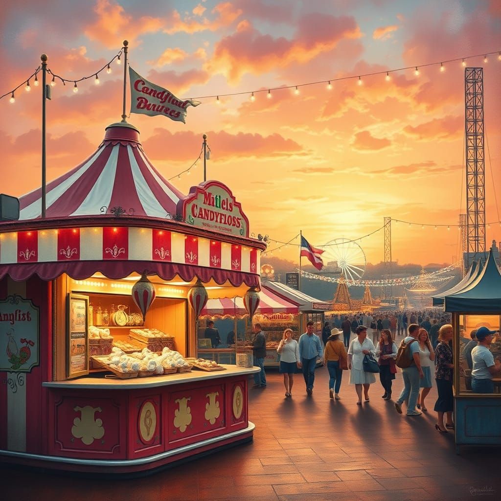 Vintage Fairground Candyfloss Stall at Sunset