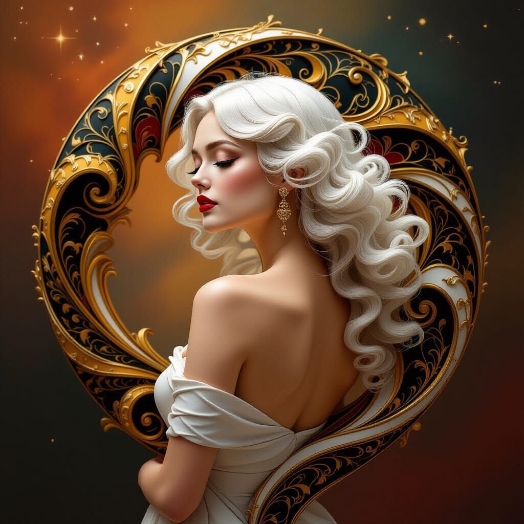 a female with alabaster skin in a serene side profile, entwi...