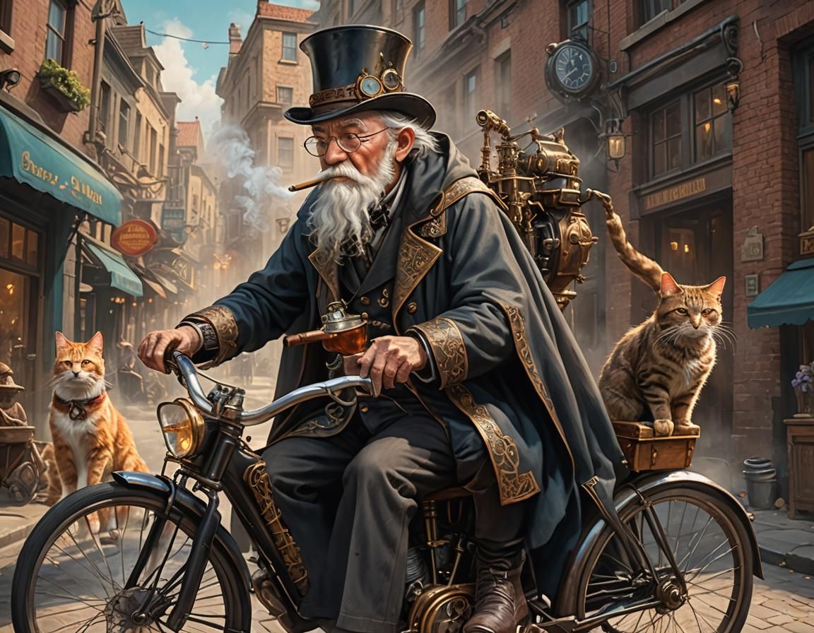 Fantasy Old Man Rides Bicycle in Steampunk Style