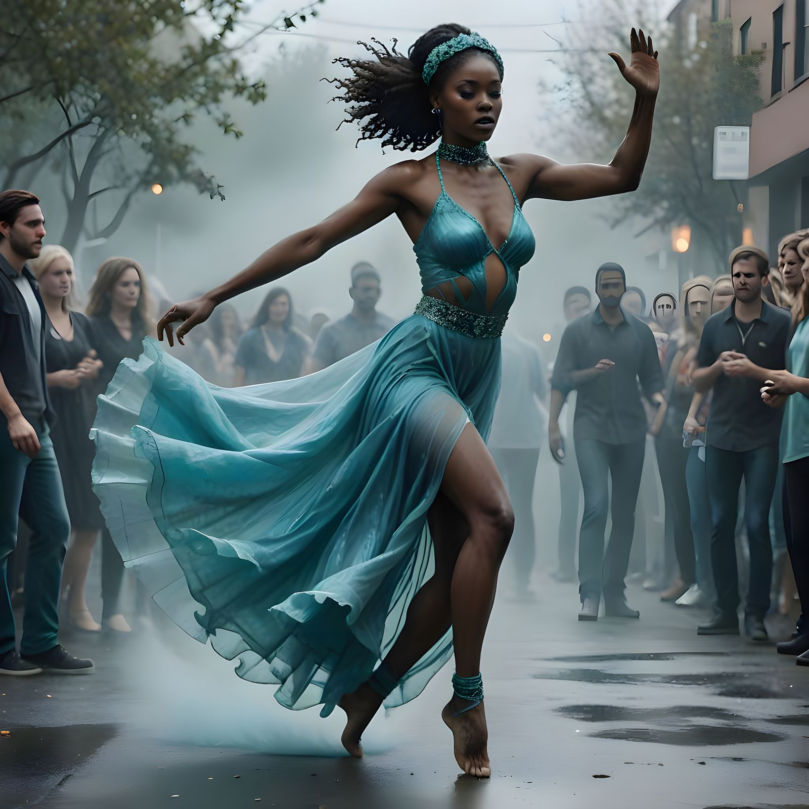 Turquoise Dancer Mid-Air Leap on Stage