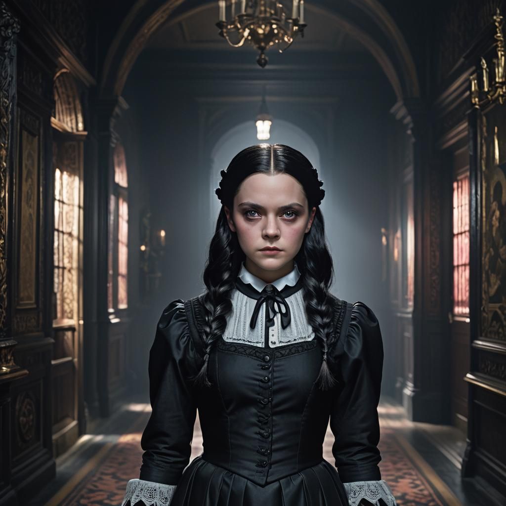 realistic Wednesday from the Addams family