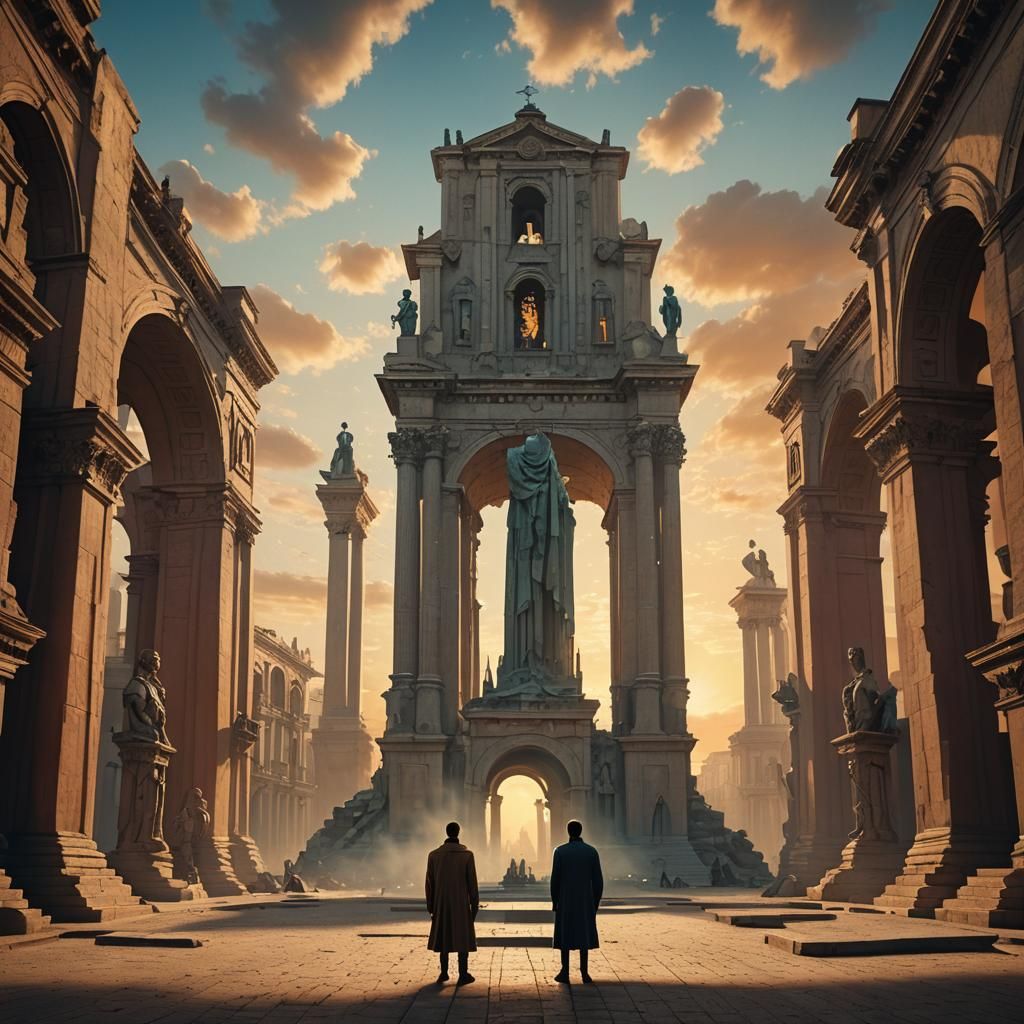 Surreal Sunset Plaza Inspired by De Chirico: Digital Art