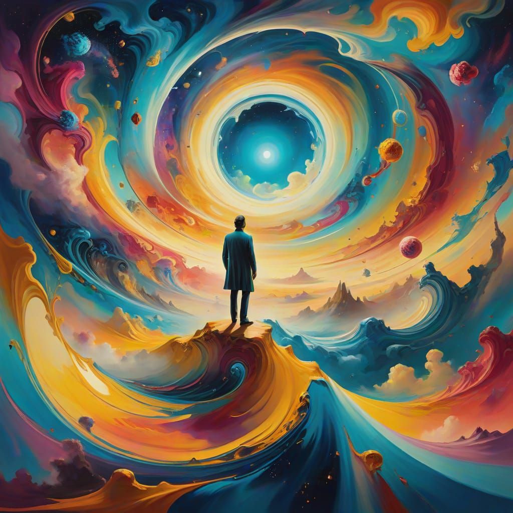 Surreal Dreamscape with Lone Figure in Swirling Vortex