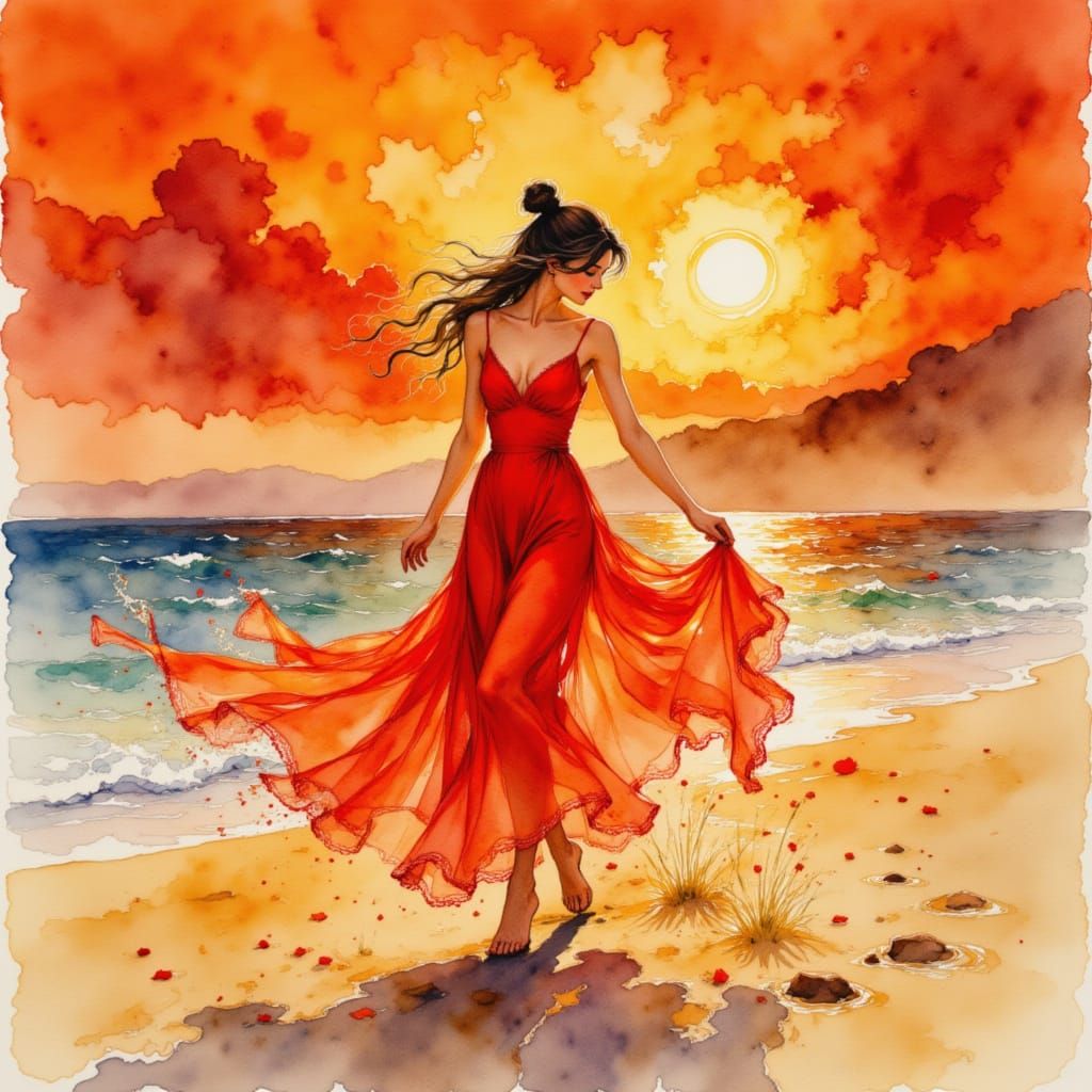 Dancer at Twilight in Fiery Sunset