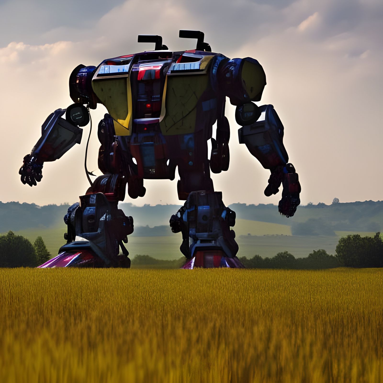 Giant Mech Stomping Through Fields: Cinematic View