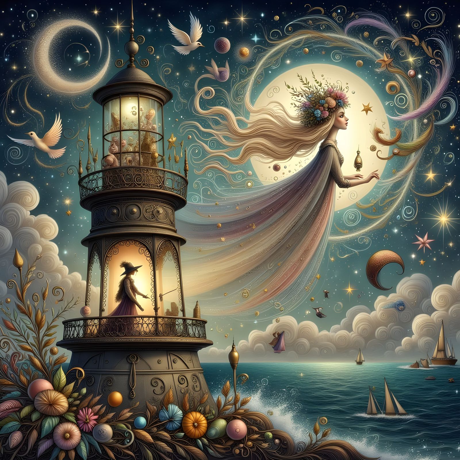 Lighthouse Keeper Watched Over by Art Nouveau Sorceress