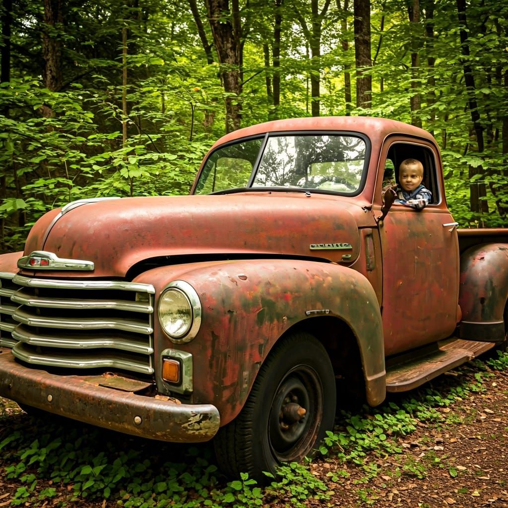 Boy in Abandoned Truck Amidst Forest