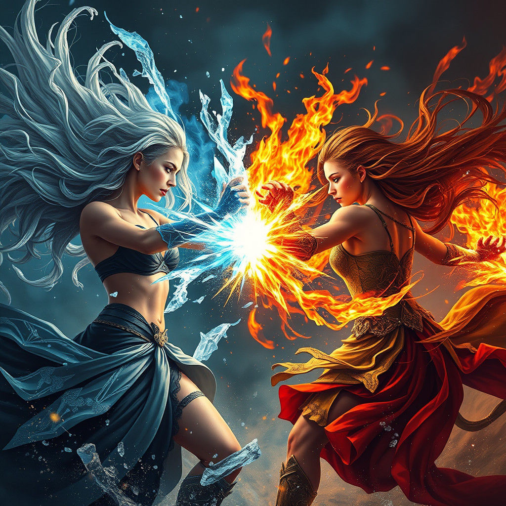 Elemental Women Clash in Matte Painting Style