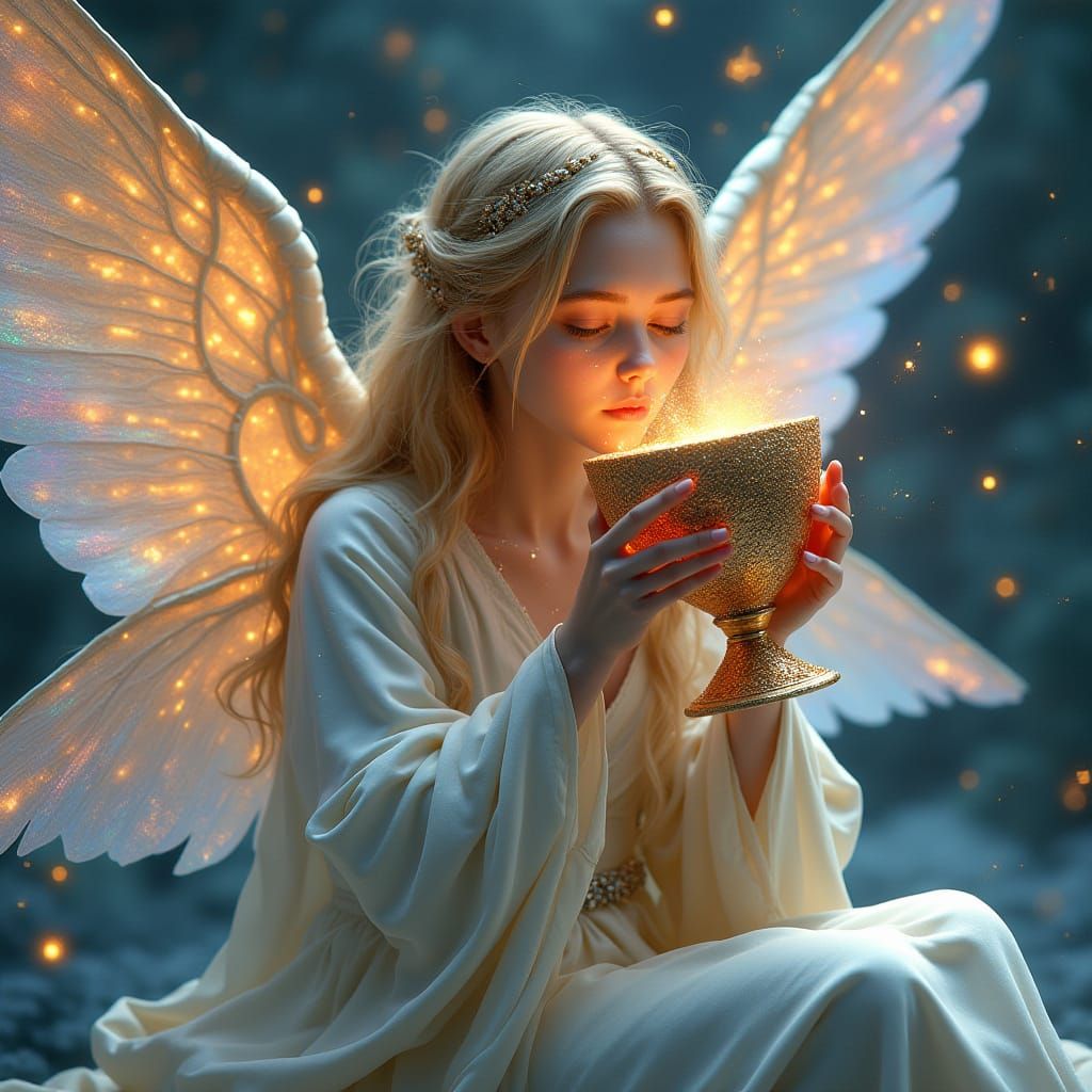 Celestial Being Sips Ambrosia in Hyperrealistic Style