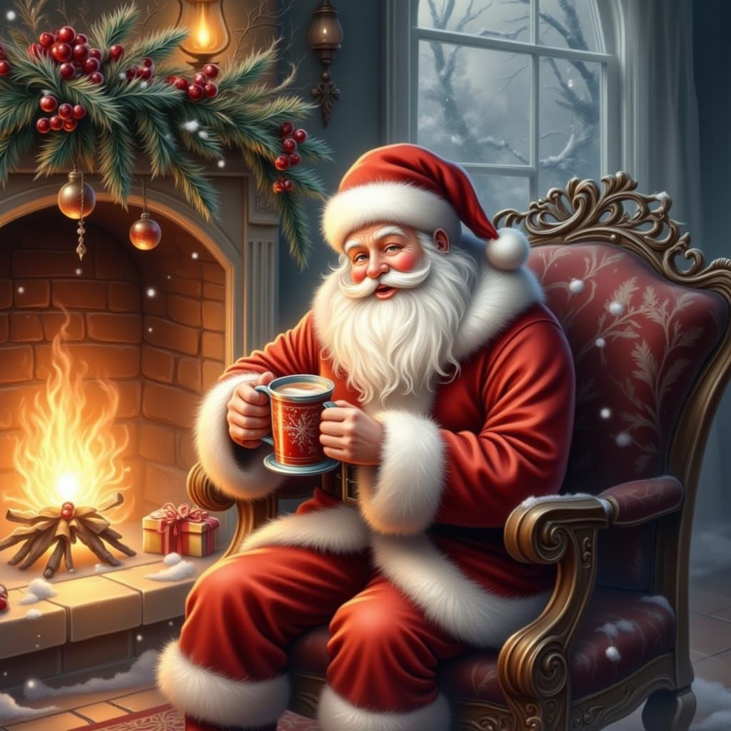 Santa Claus by Fireplace with Cocoa, Storybook Style