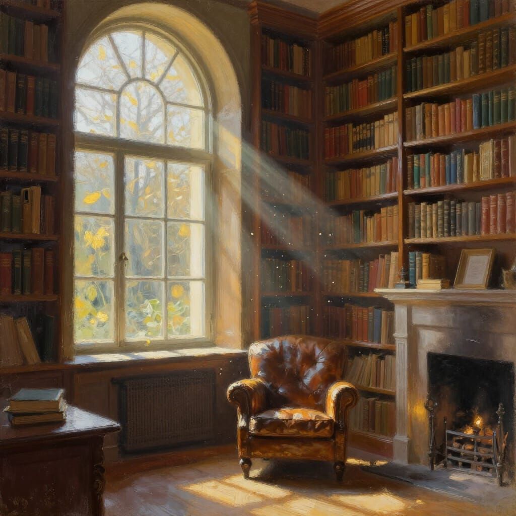 Sun-Drenched Library Interior with Ancient Tomes