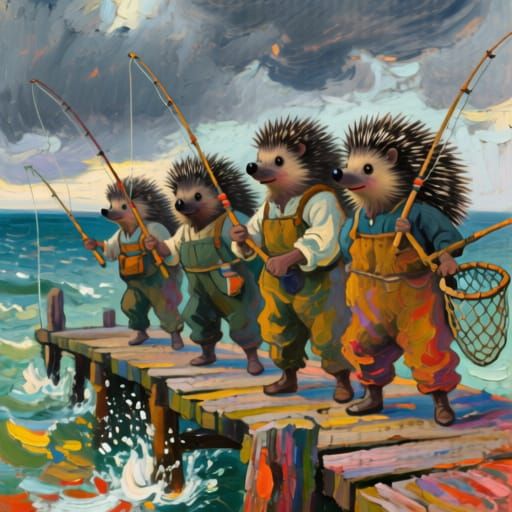 Brave Hedgehogs as Fishermen in Expressive Impasto Style