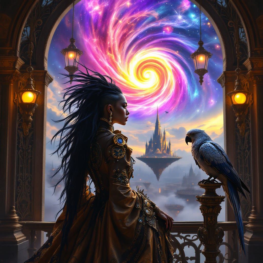 Mohawk Woman in Steampunk Pirate Coat Over Floating City