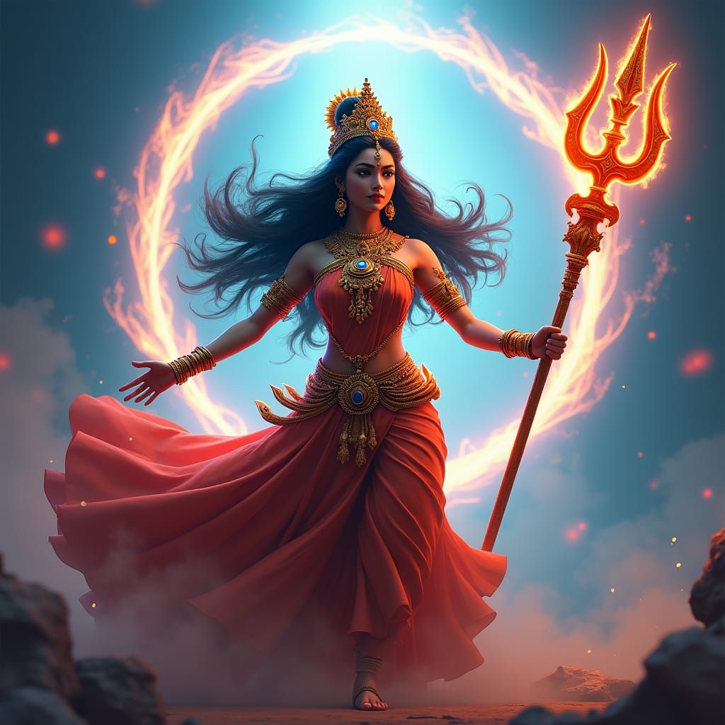 Hindu Goddess in Ornate Attire with Trident