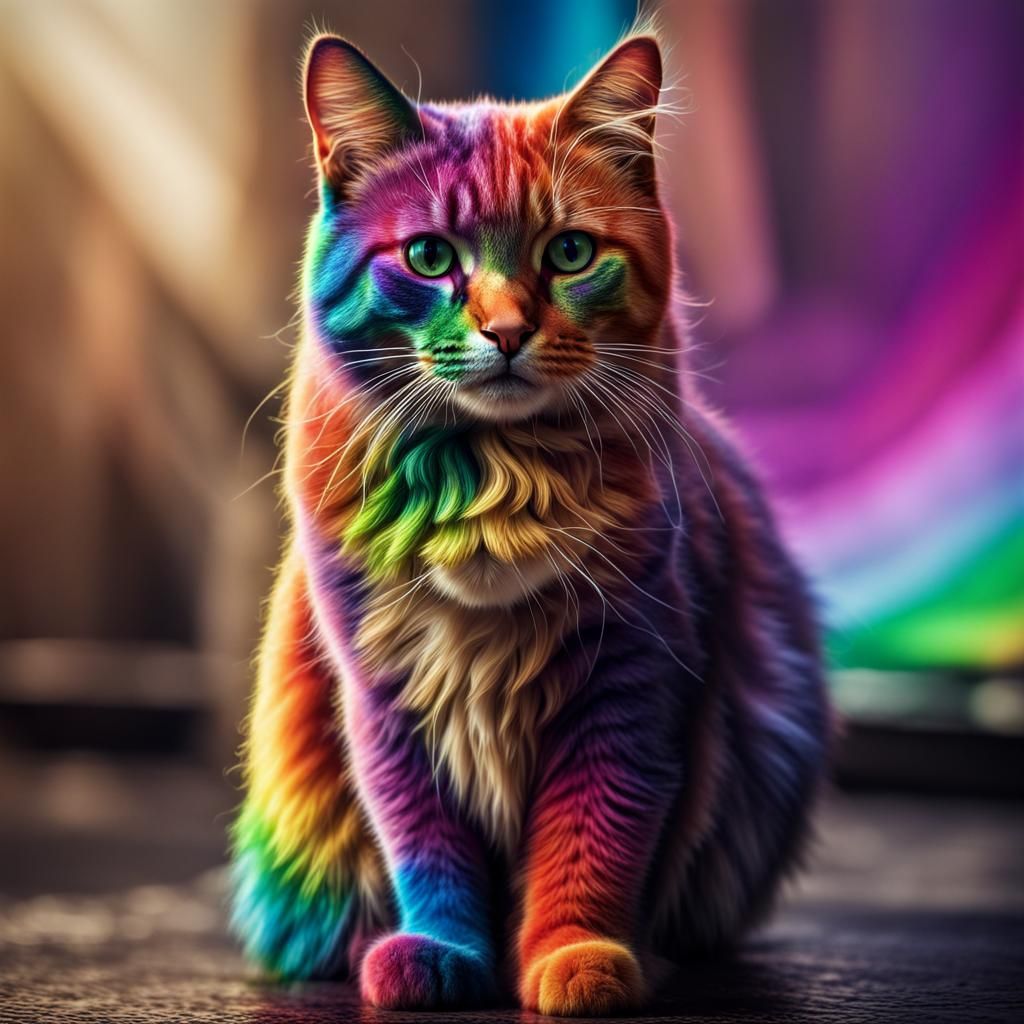 Rainbow Cat in Rainbow, Hyperrealistic Image