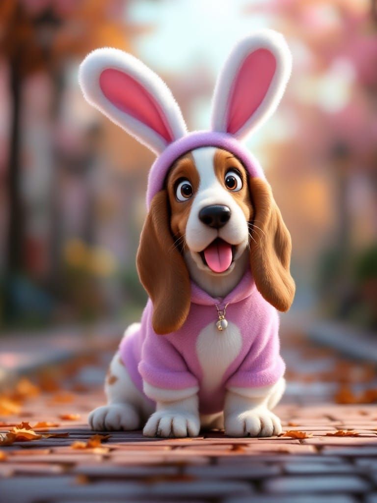 Cinematic Easter Bunny Basset Hound on Cobblestone