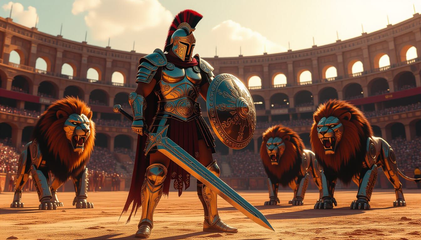 Futuristic Gladiator in Neon Colosseum Arena