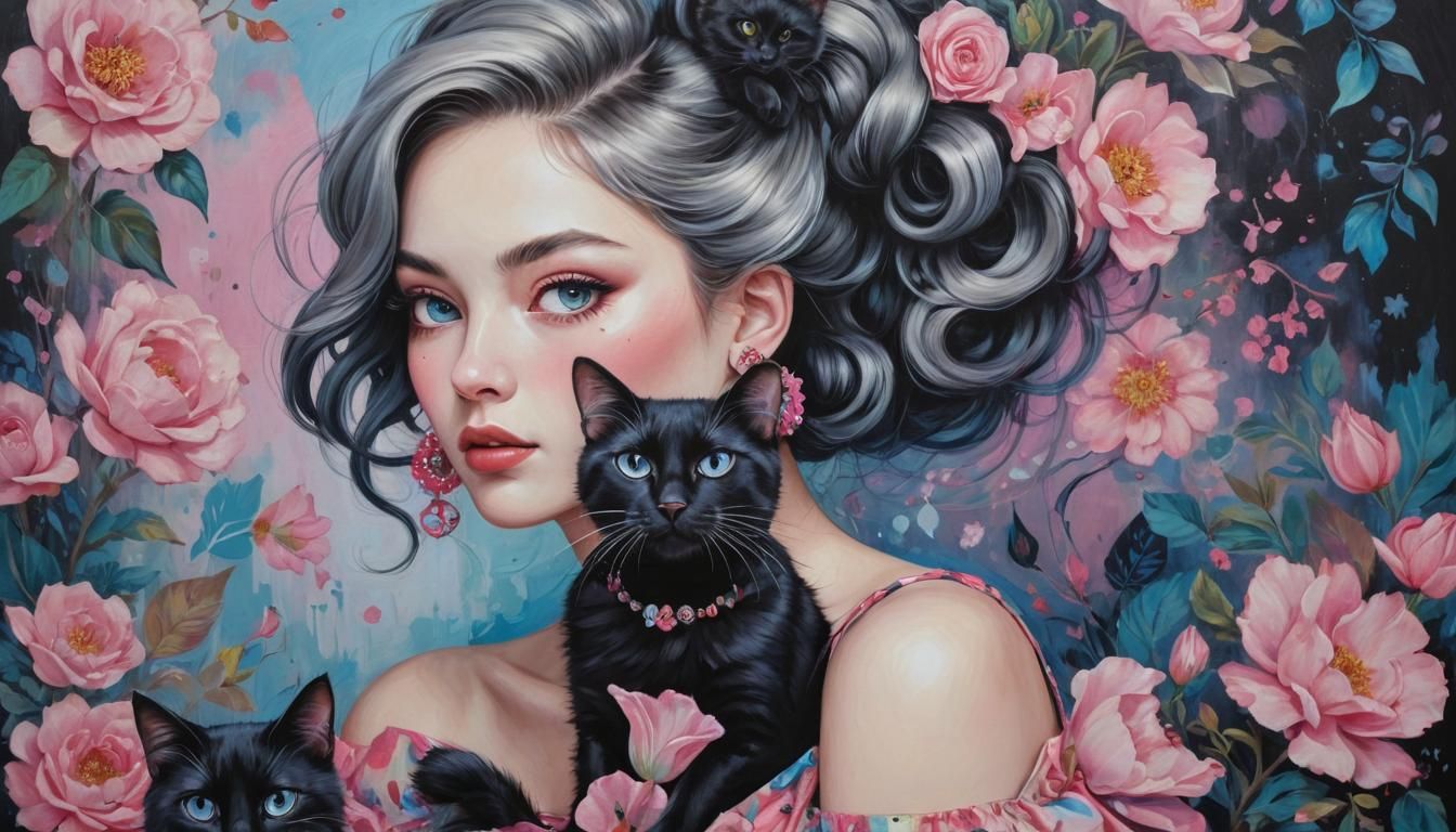 Whimsical Folk Art: Woman with Cat in Impasto Style