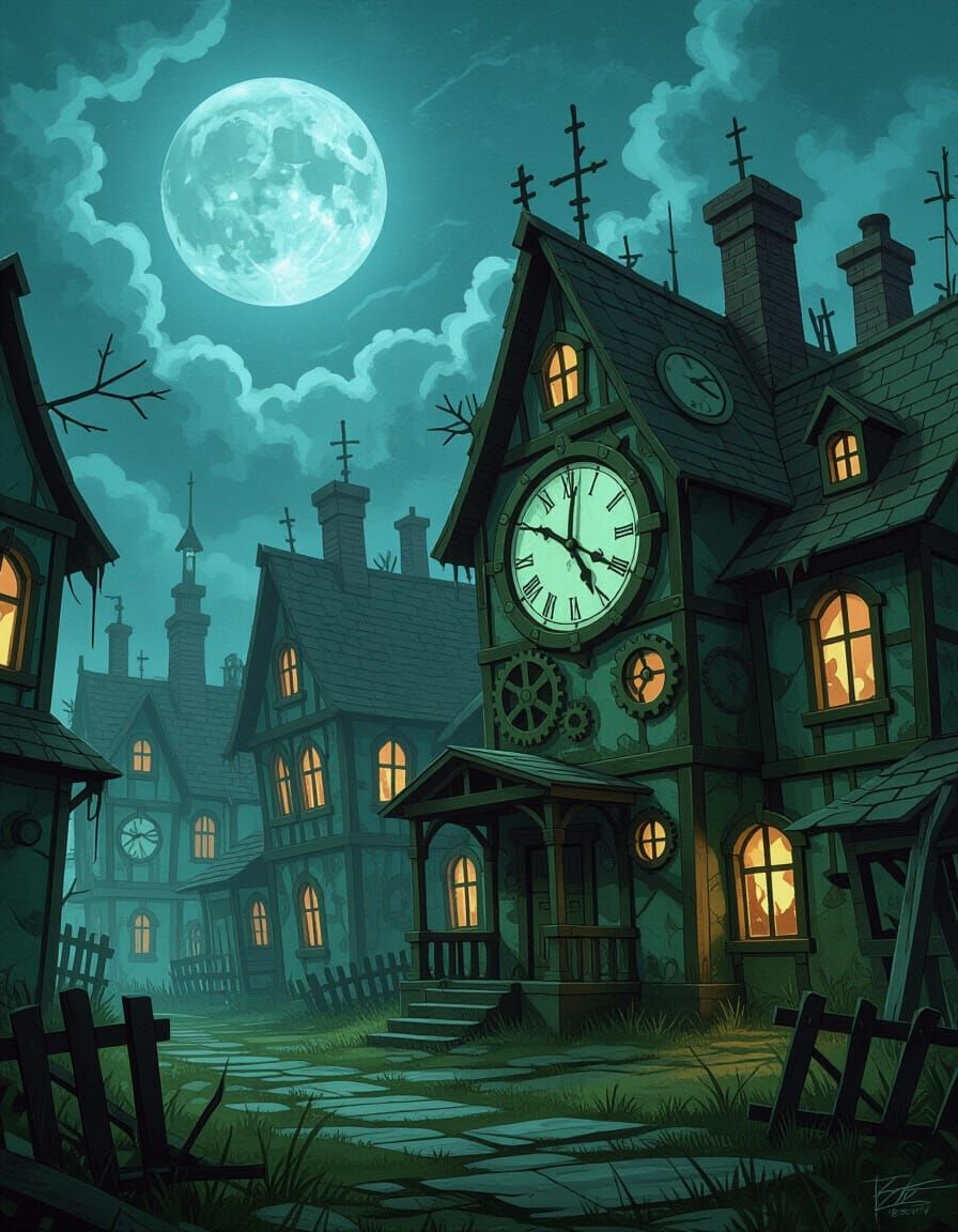 Overgrown Village of Clockwork Toys Under Eerie Moonlight