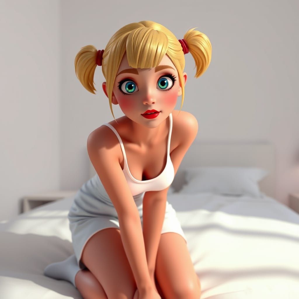 Blonde Woman in White Bedroom, Pixar-Inspired 3D Art