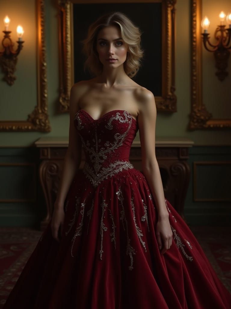 Elegant Woman in Baroque Luxury, Velvet Red Gown, Ornate Fra...