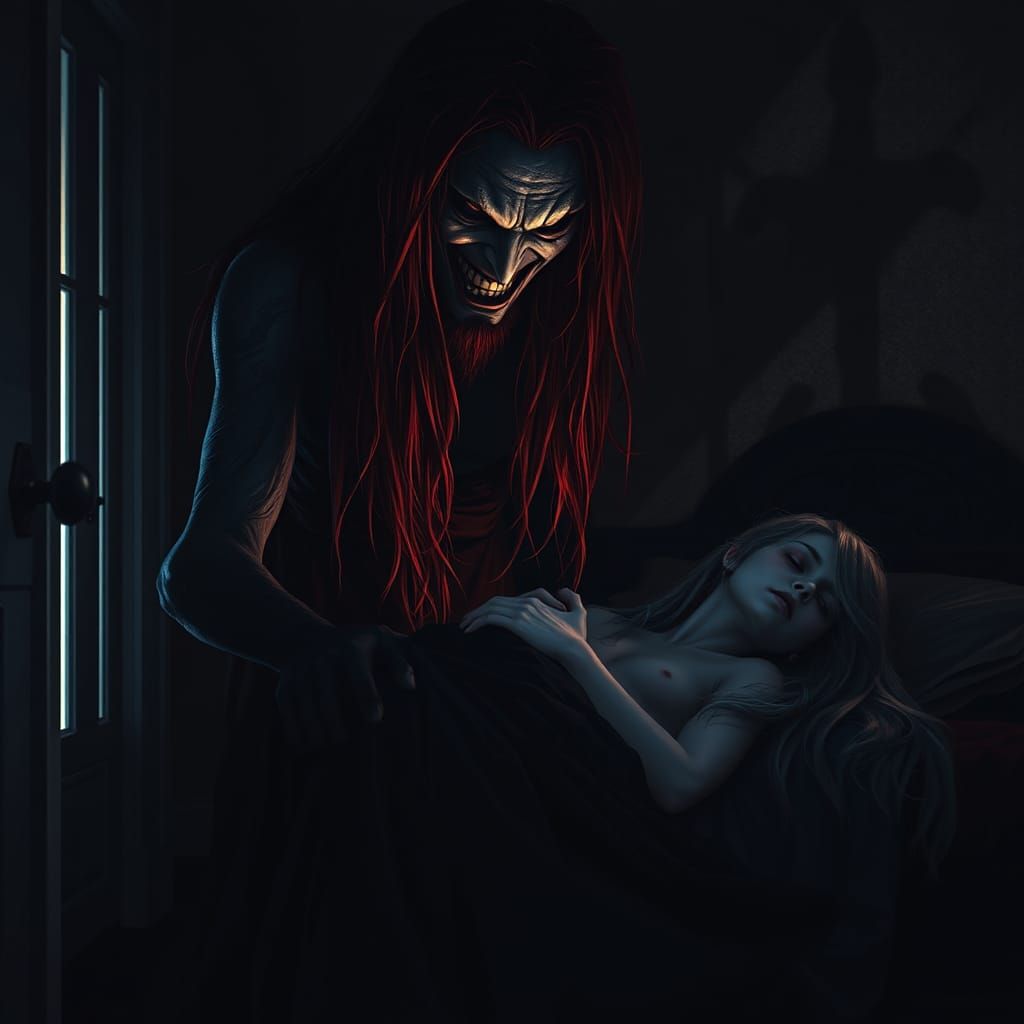 Menacing Figure Overlooks Sleeping Woman in Ominous Bedroom