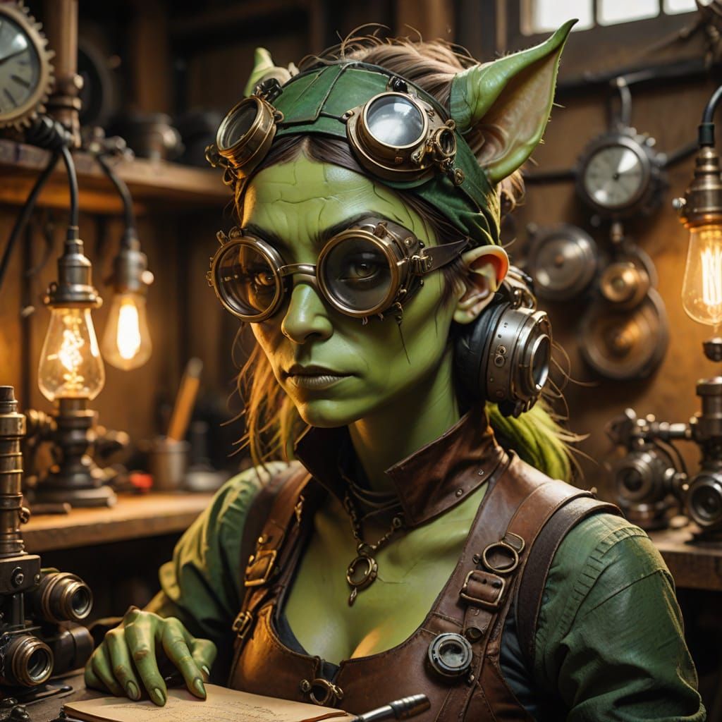 Goblin Artificer in Steampunk Workshop: Fantasy Portrait
