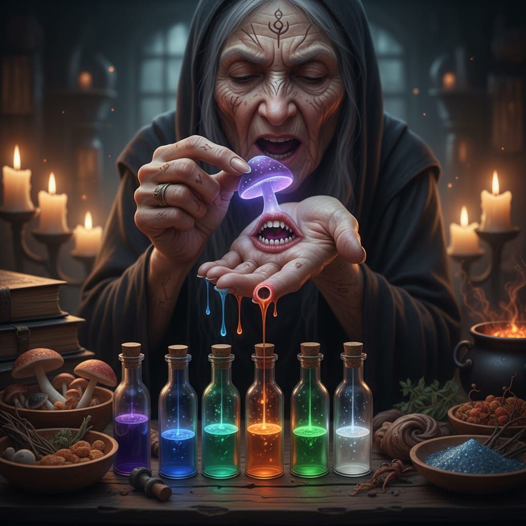 Witch's Hand Mouth Feeds Potions With Mushrooms