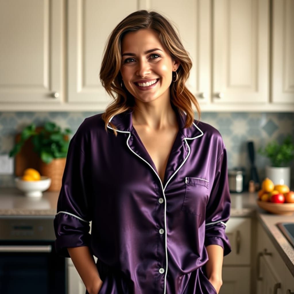 Confident Woman in Silk Pajamas in Modern Kitchen