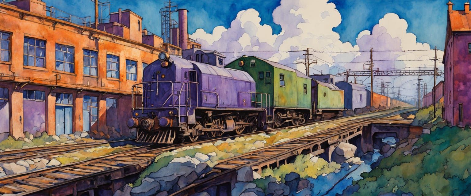 Industrial District: Impressionist Watercolor with Freight T...
