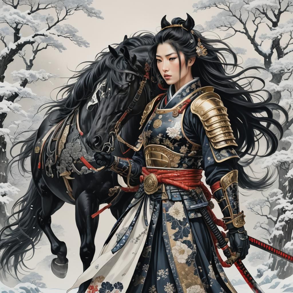 Samurai Woman with Horse in Ukiyo-e Anime Style