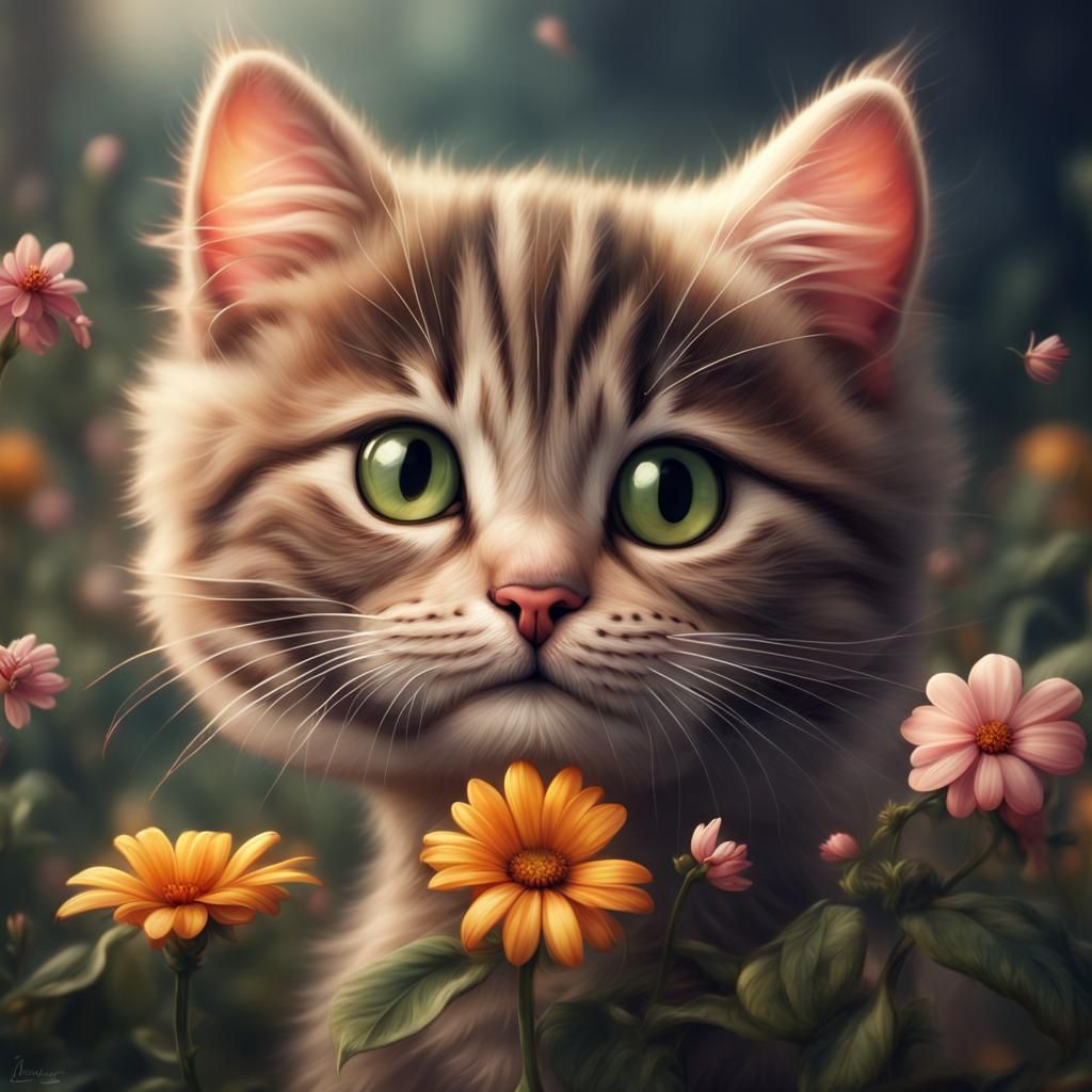 Cute Smiling Kitten with Flower: Digital Painting